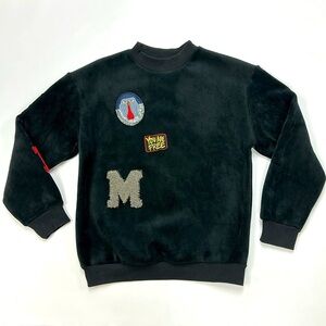 Velour patch crew neck pullover Genderless plush black long sleeve sweatshirt